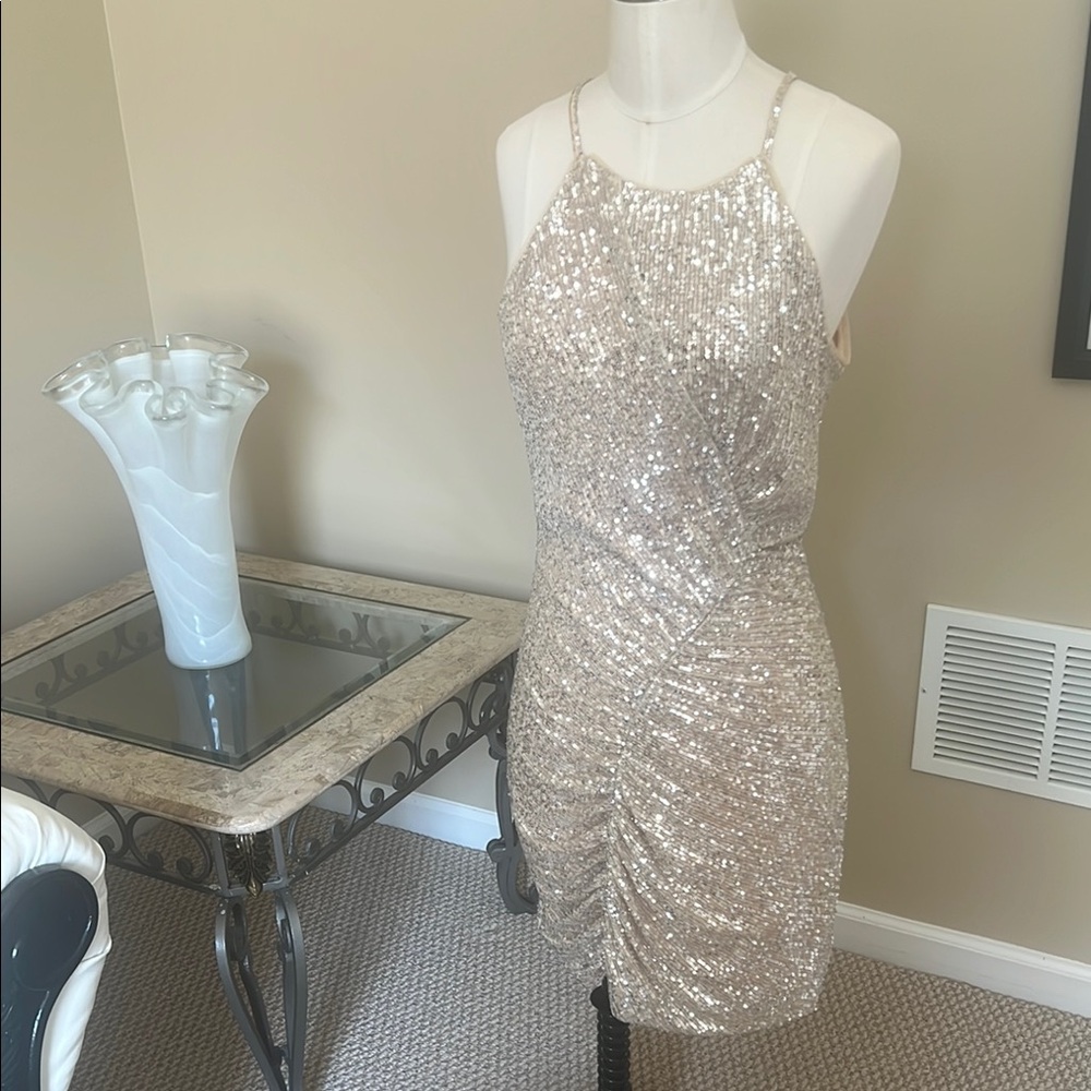 Gold Ruched Sequin Halter Mini Dress